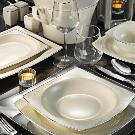 Kütahya Porselen BNMR62YT4301107620 Bone Mare 12 Kişilik 62 Parça Kare Platin Yemek Takım