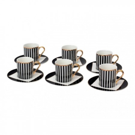 Parlak Siyah Beyaz Çizgili 6 Kişilik 12 Parça Kahve Fincan Takımı HARLEM-60